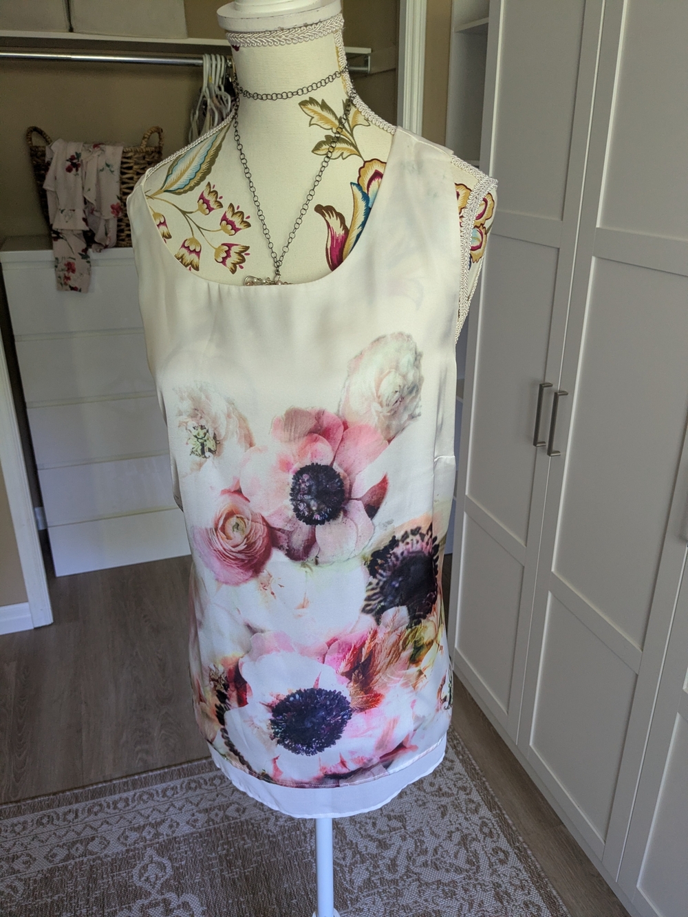 cleo Cream Floral Sleeveless Shift Dress with Pink Accents